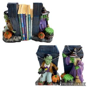 Vintage Spooky Graveyard Headstone Frankenstein & Witch Resin Halloween Bookends